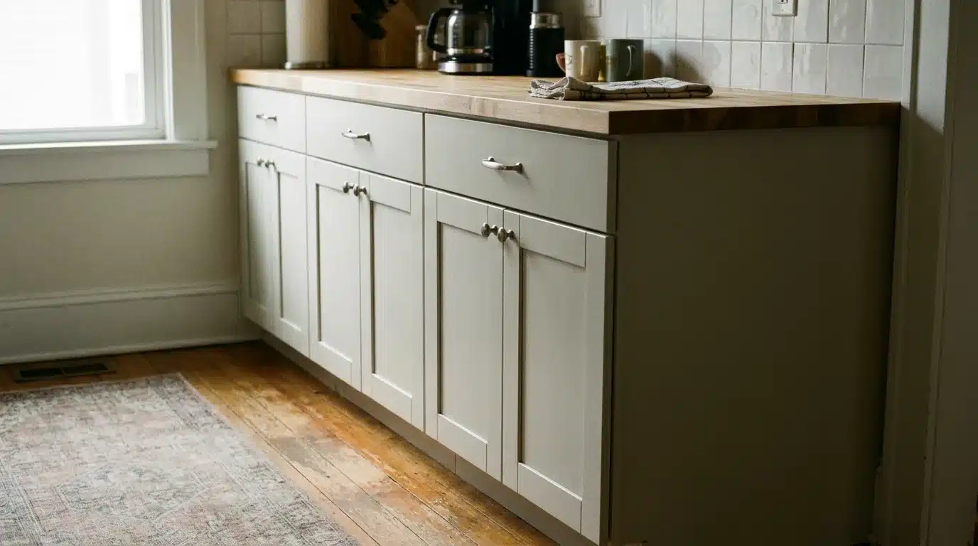 long base cabinet run showing countertop overhang cabinet depth and clear floor space beside it