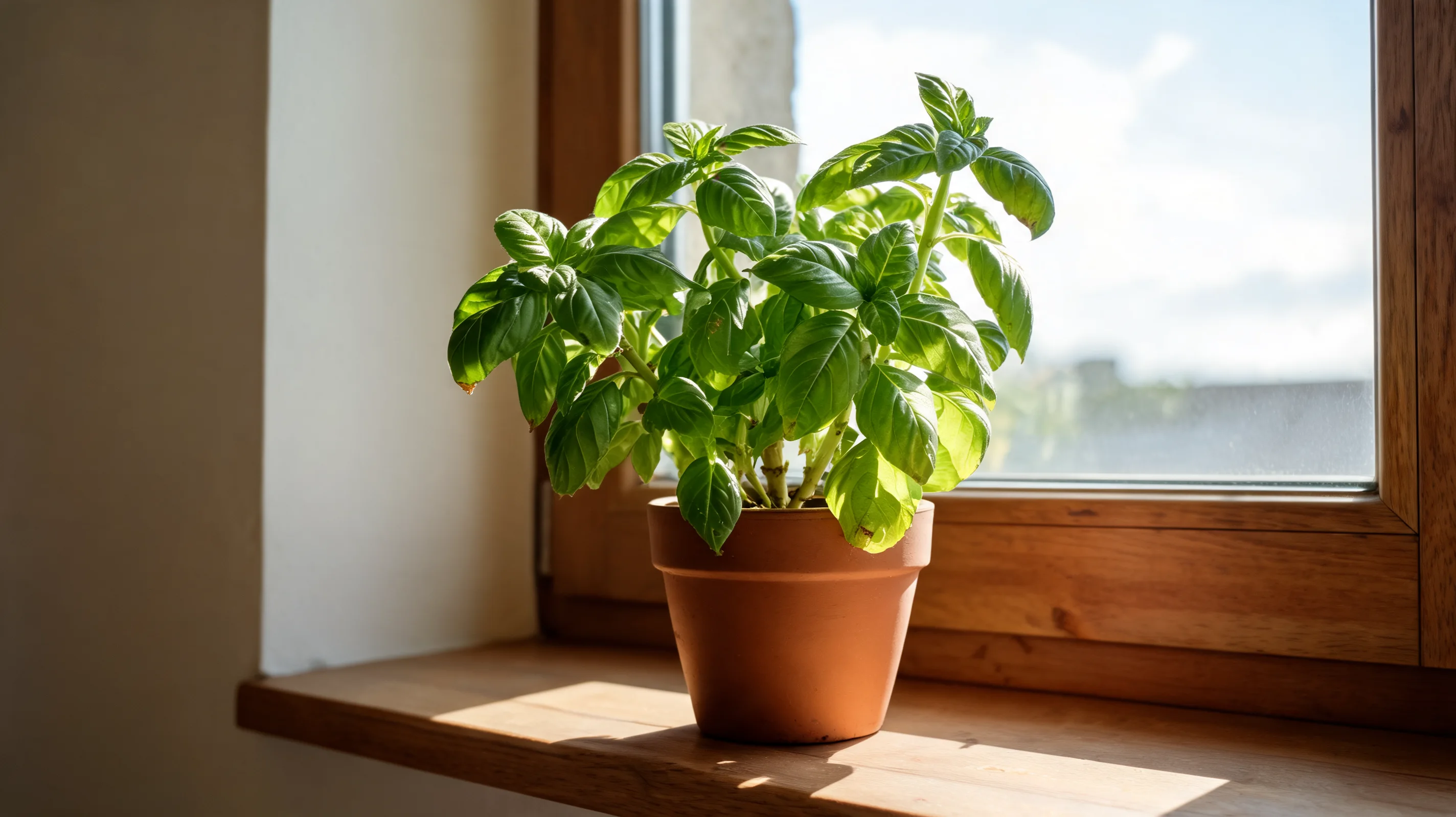 healthy indoor basil plant beside a bright sunny window receiving soft natural light for steady growth