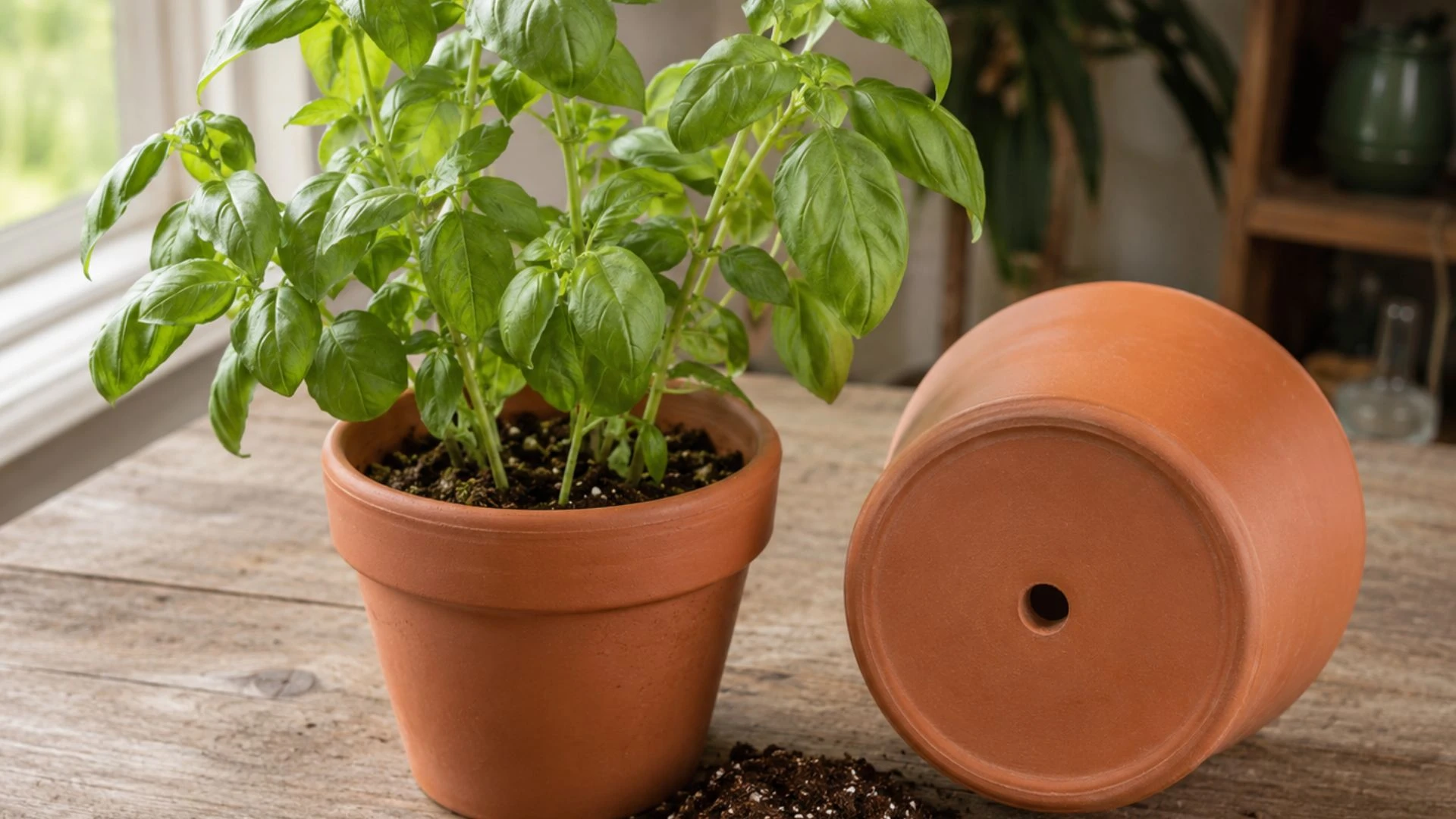 healthy basil plant beside terracotta pot showing drainage hole and loose well draining potting soil