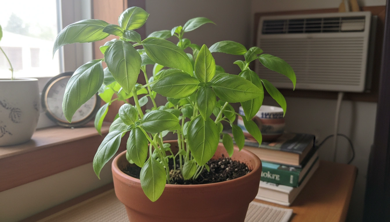 healthy basil plant growing indoors in warm stable conditions with soft natural light and moderate humidity