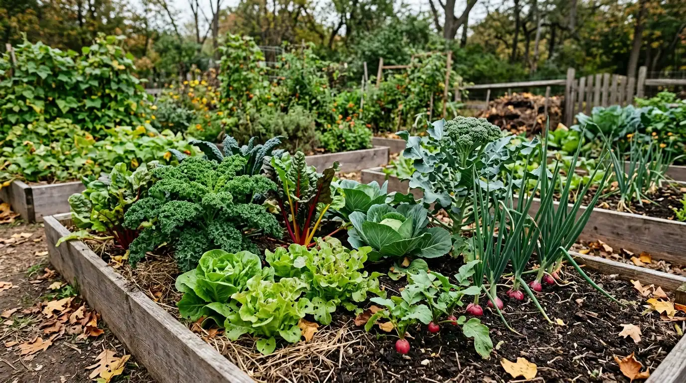 realistic autumn garden bed with fresh fall crops growing in rich soil and natural sunlight