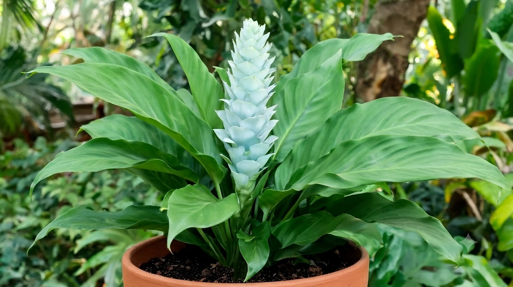blue ice calathea with large green leaves and pale blue-white flower bracts shown as a full plant