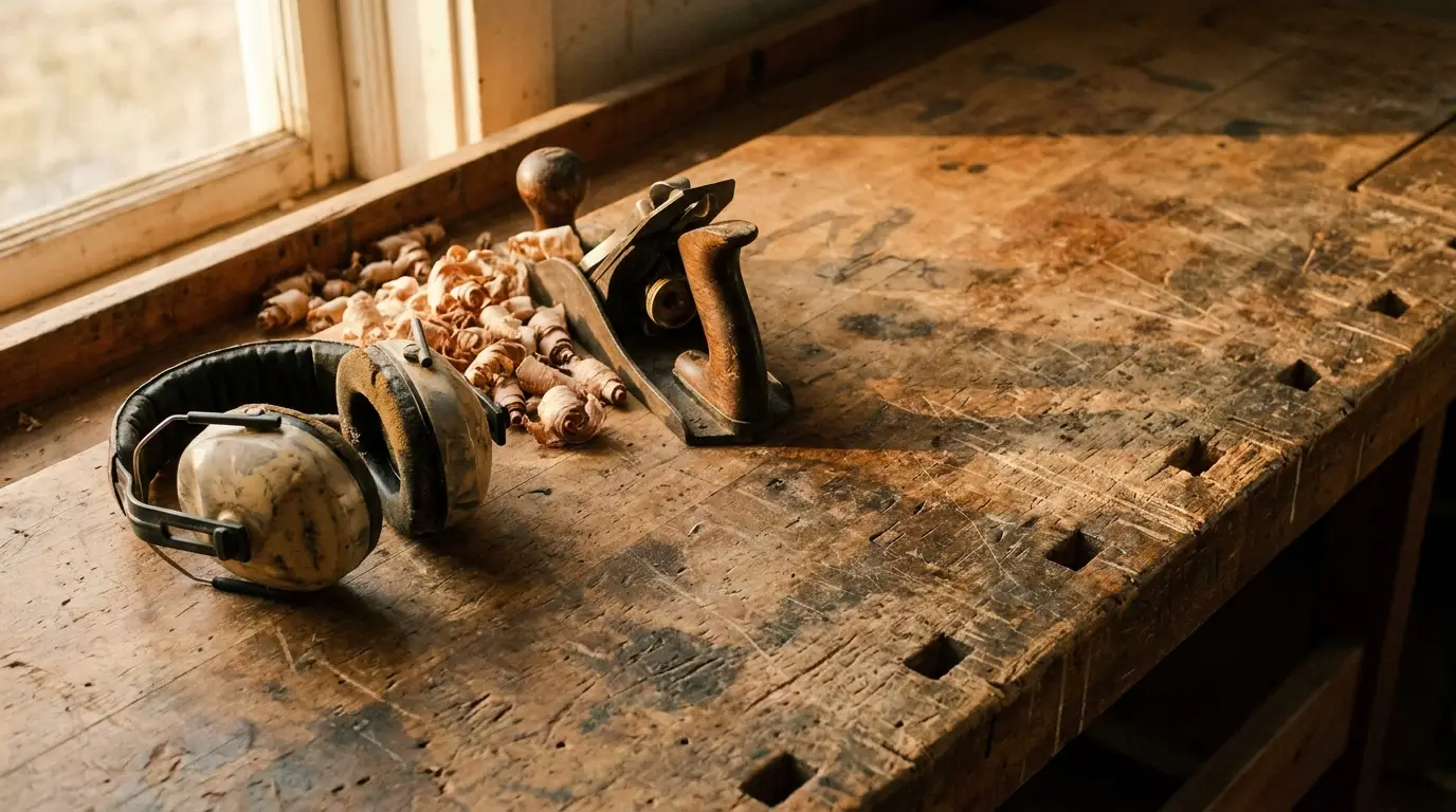 Wooden workbench with hand plane, wood shavings, and weathered earmuffs in natural light