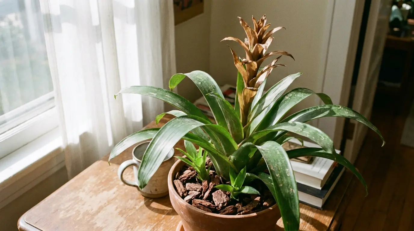 post bloom bromeliad with a dry flower stalk and healthy pups growing near a bright indoor window