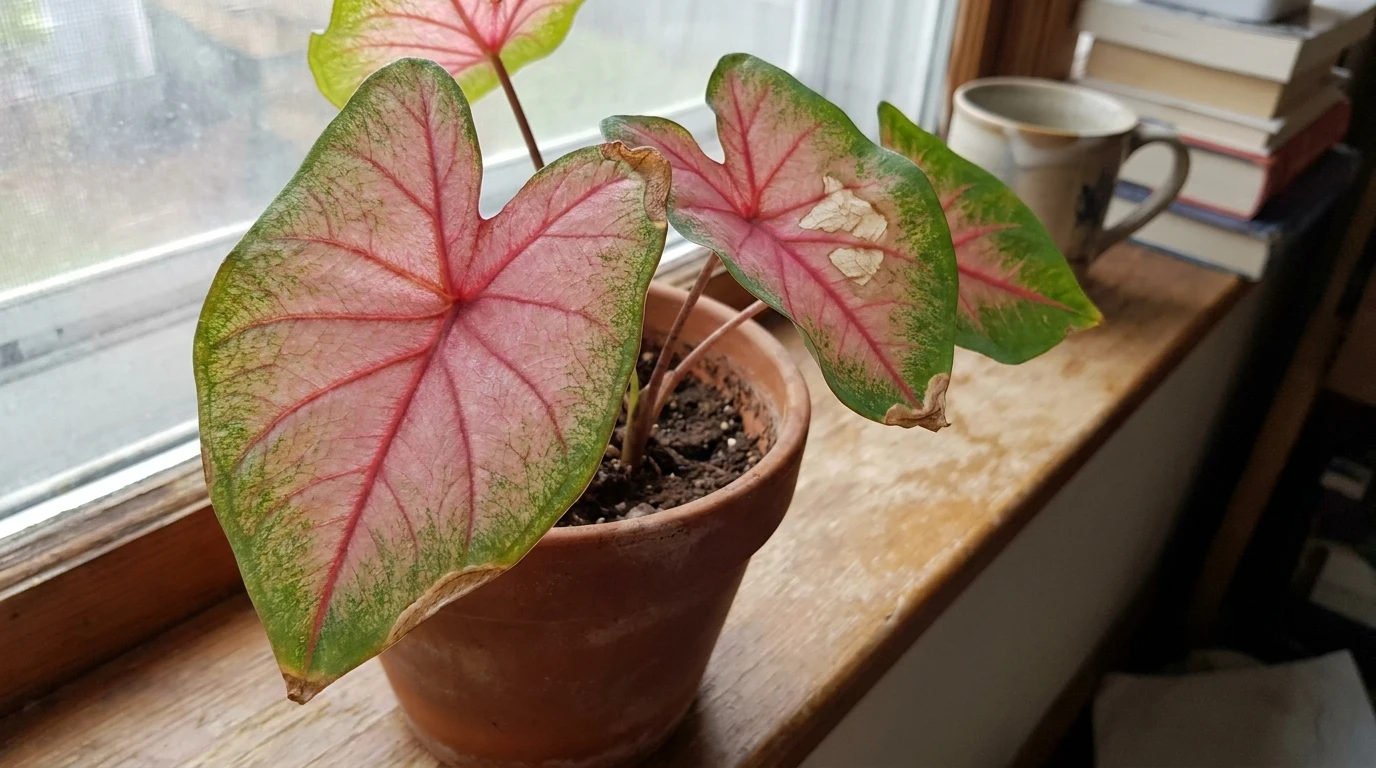 close view of pink caladium leaves with brown crispy edges and pale scorched patches beside a window
