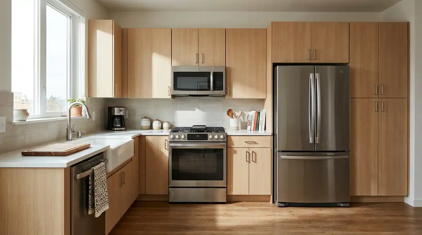 Modern kitchen showing base wall and tall cabinets fitted around common household appliances