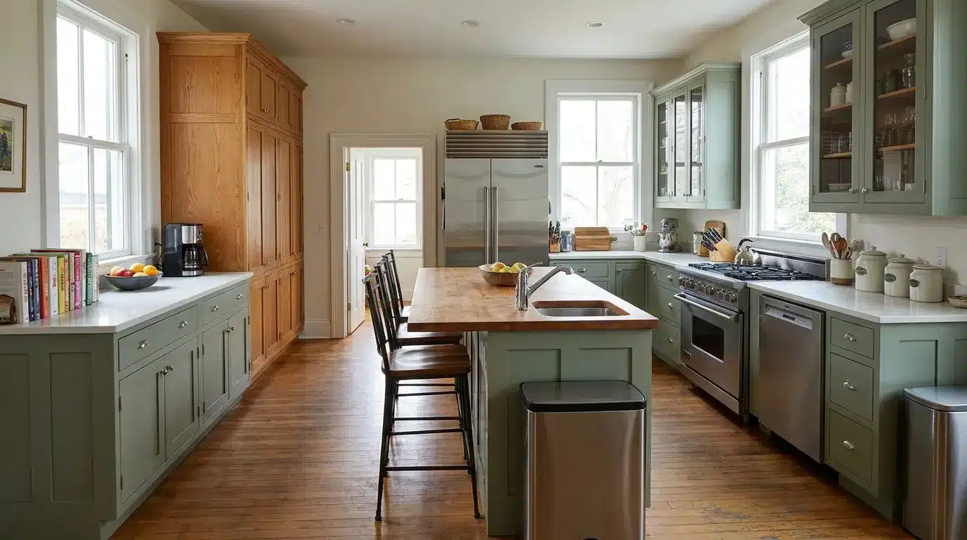 large kitchen with island tall pantry cabinets wide drawers and generous walking space around them