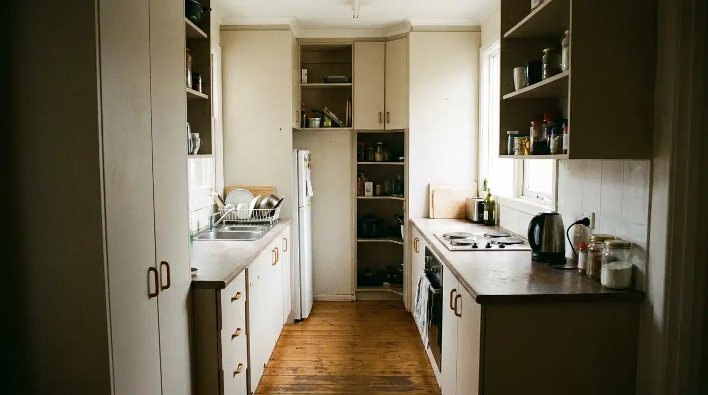small narrow kitchen using compact base cabinets tall storage and efficient counter space for daily use