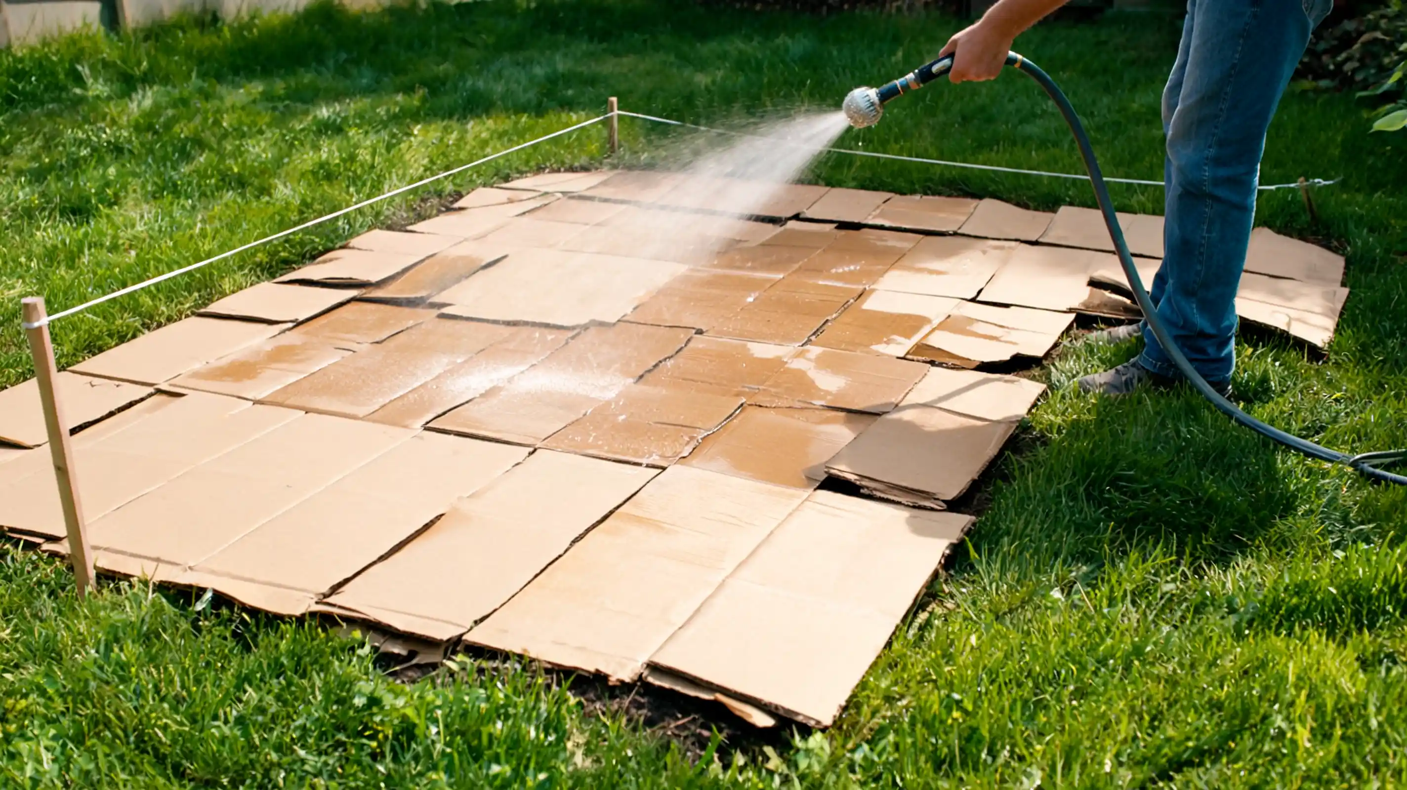 flattened cardboard covering backyard grass while a gardener soaks it with water for a no till garden bed