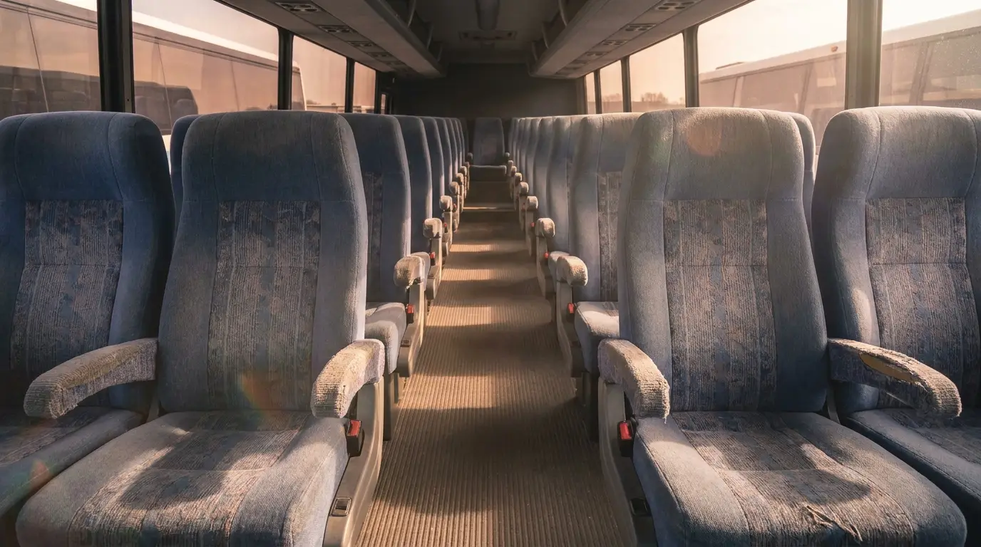 Empty bus interior with blue upholstered seats in soft sunlight