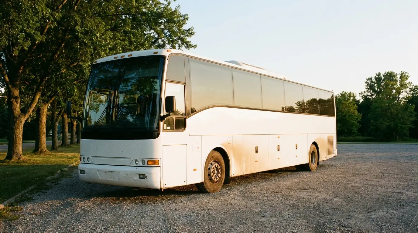 White bus parked on gravel with green trees in the background under warm lighting