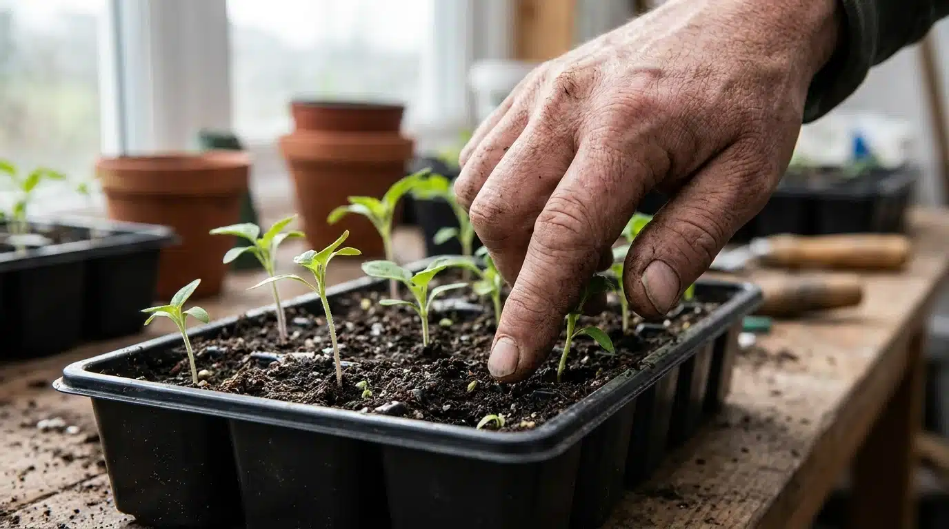 gardener checking young seedlings by hand in a cell tray on a wooden table near a bright window