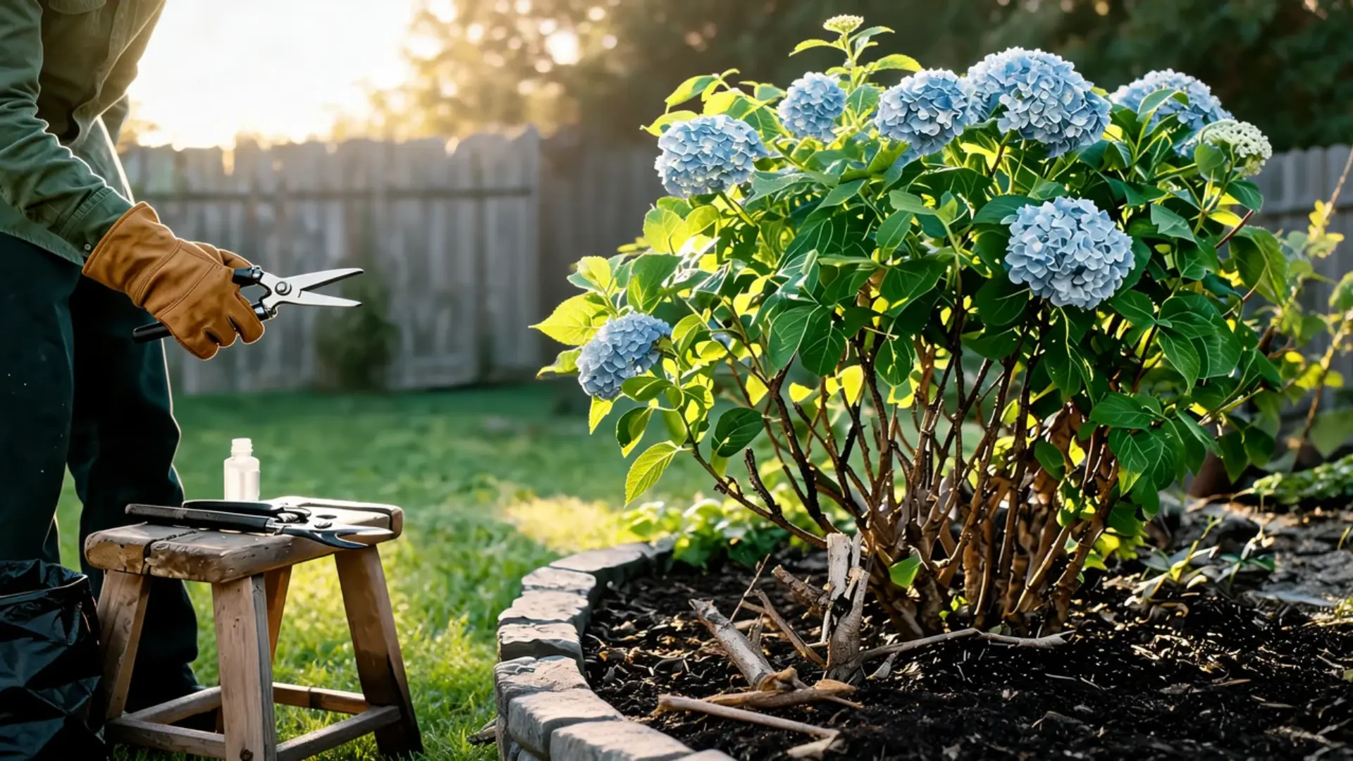 gardener checking the balanced shape of a blue hydrangea shrub after careful pruning in a sunny garden
