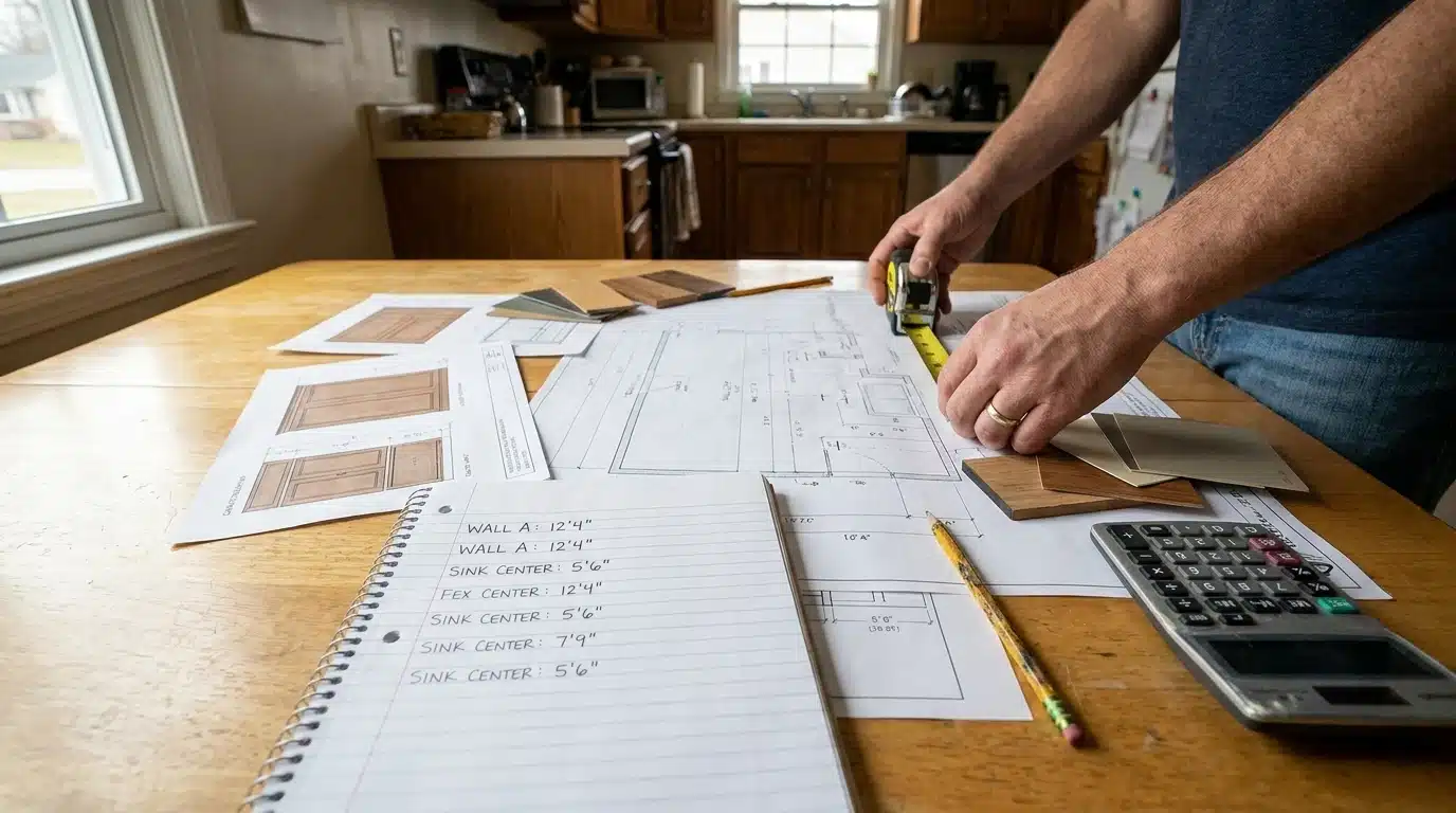 hands reviewing cabinet plans measurements samples and tools on a kitchen table before ordering