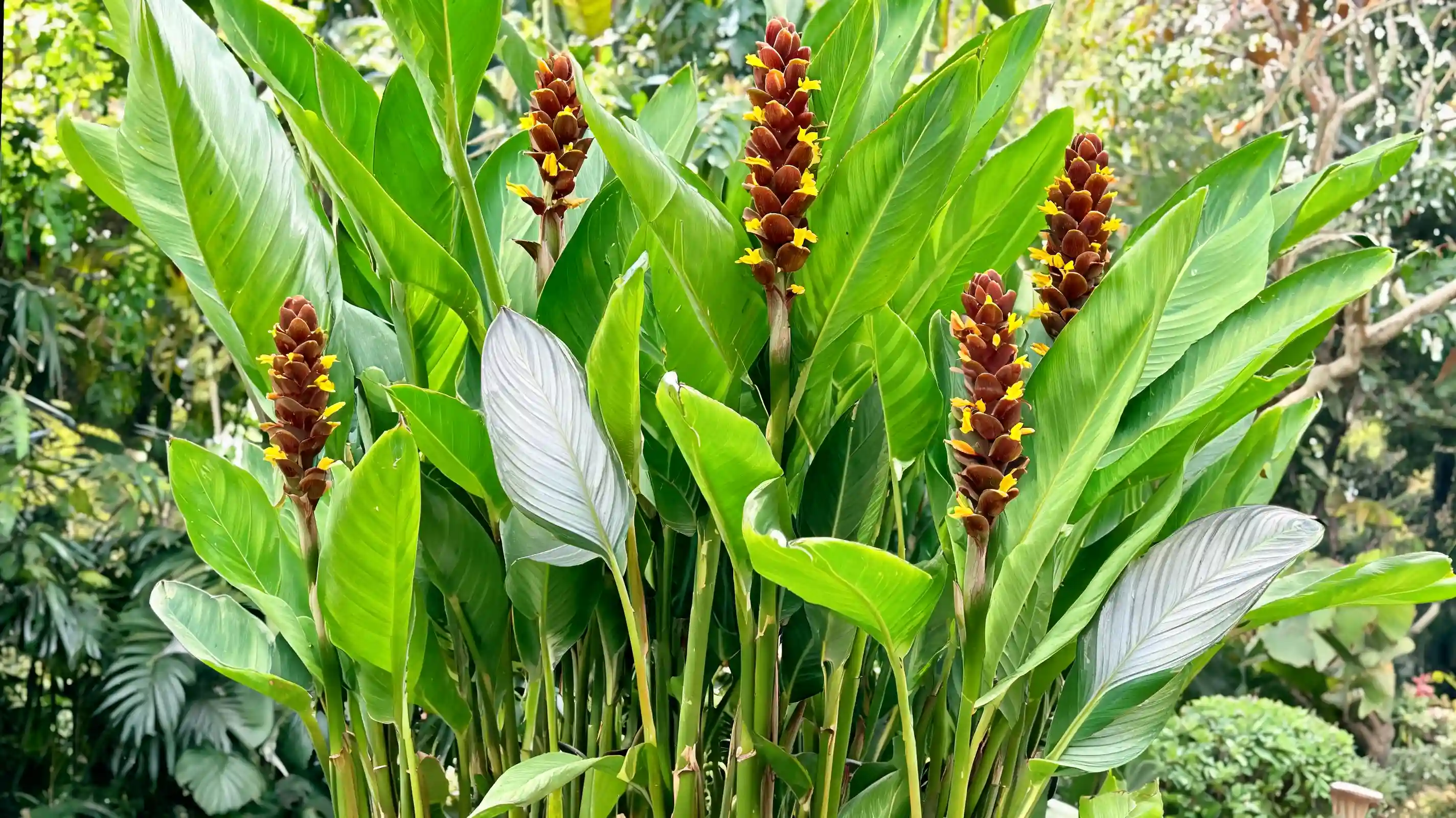 cigar calathea with huge bright green leaves and upright reddish-brown flower bracts in a large pot
