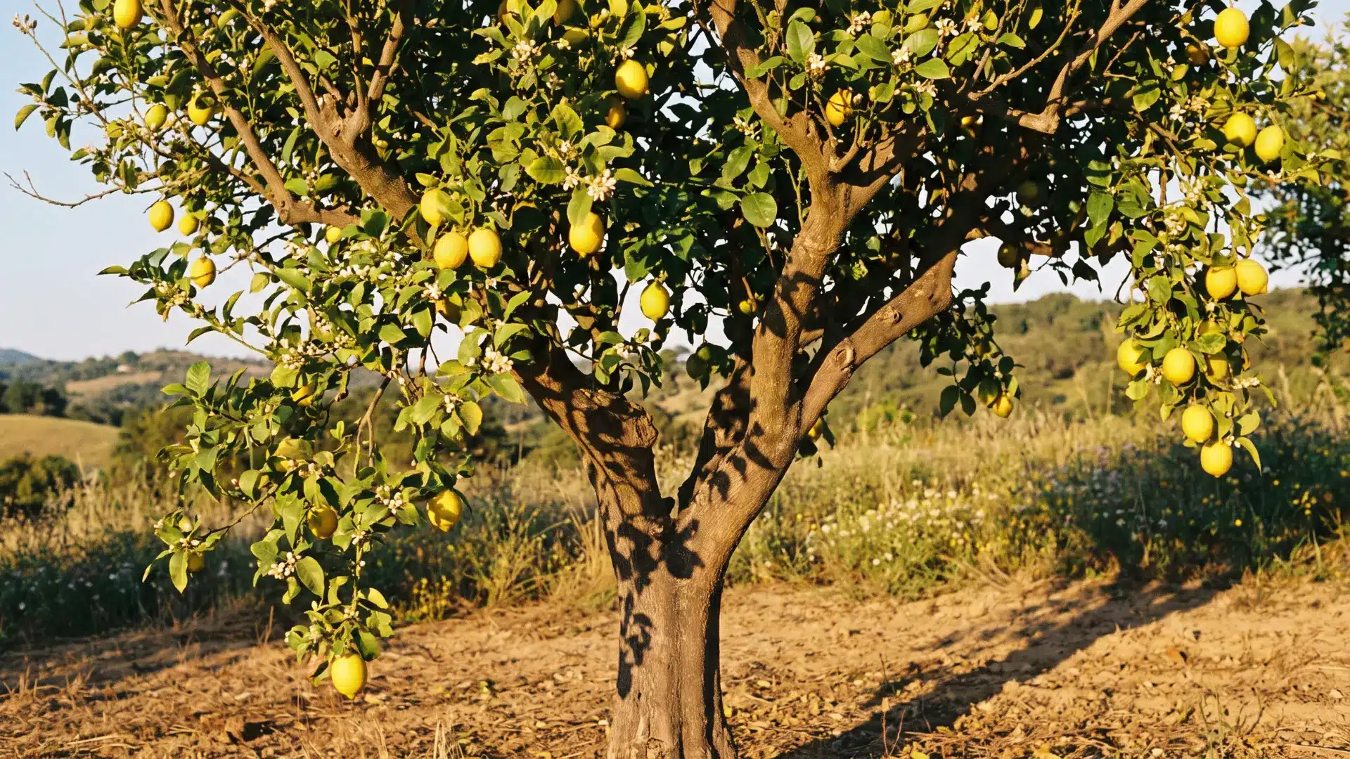 citrus tree with glossy green leaves fragrant white blooms and ripe fruit growing in a sunny arizona yard