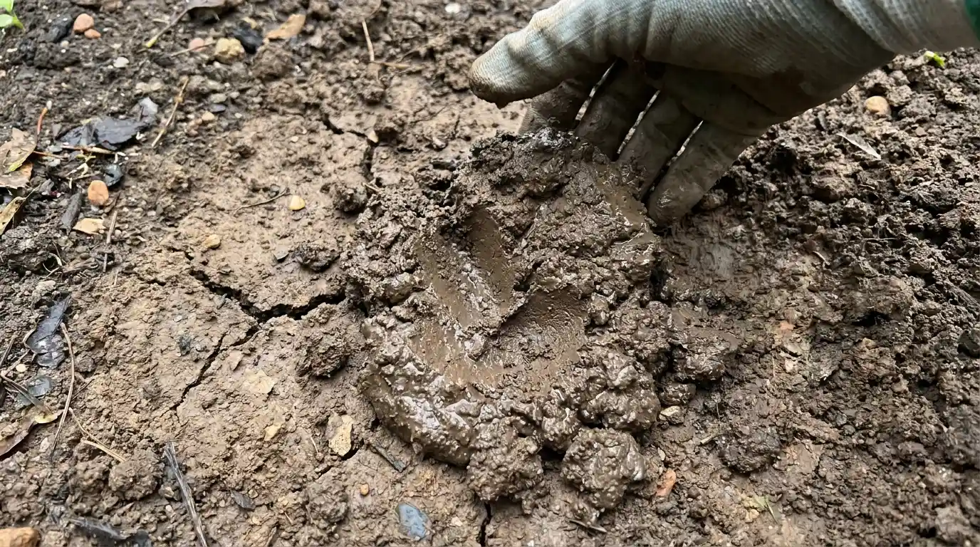 gloved hand pressing wet, sticky clay soil surrounded by cracked earth and garden debris