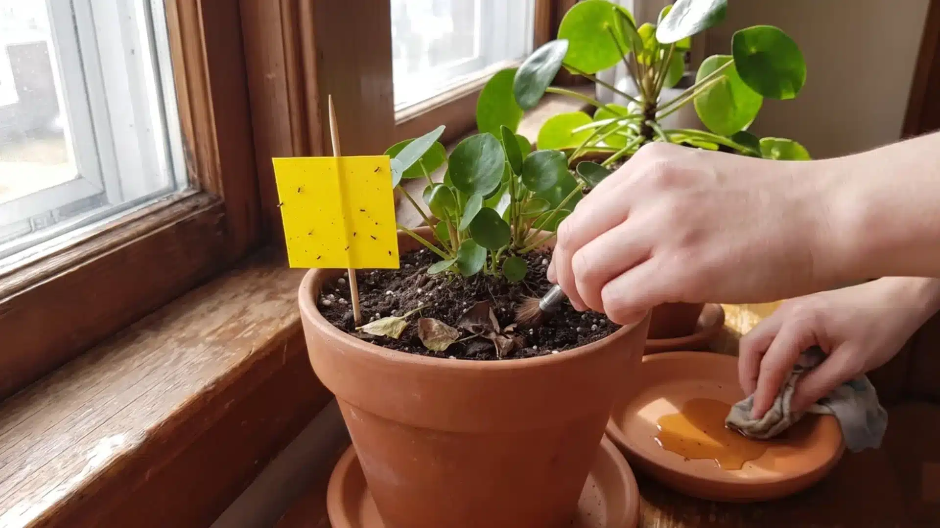 hand brushing dead leaves and debris off soil while another hand wipes a drainage saucer