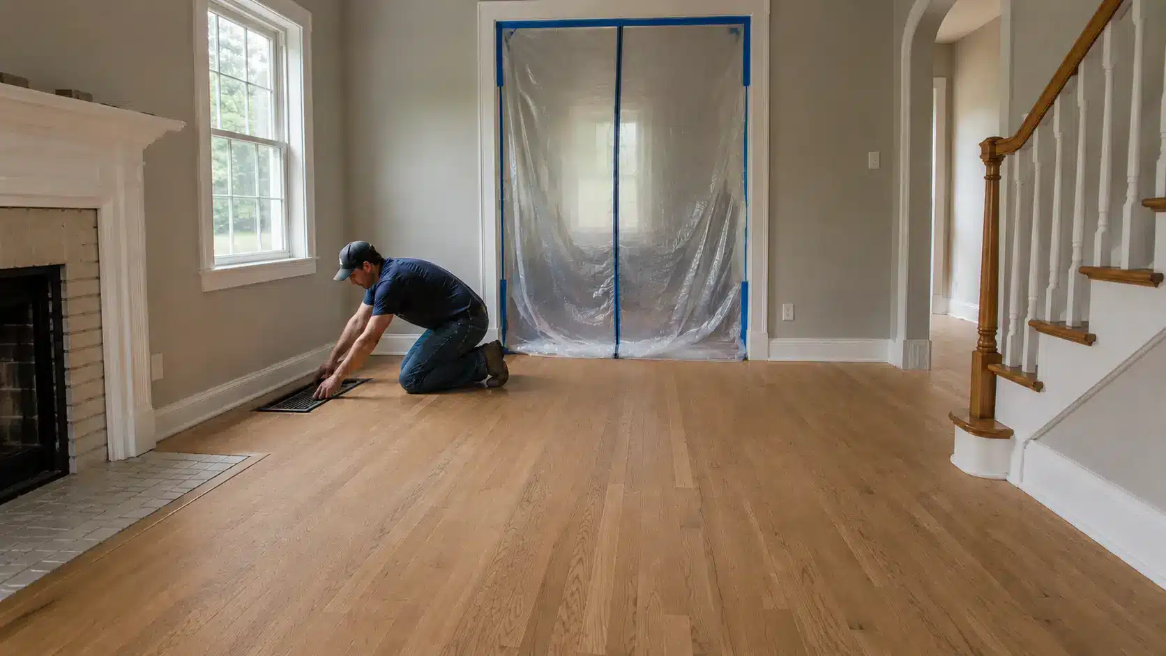 worker preparing an empty hardwood floor room by removing a floor vent and sealing the doorway with plastic