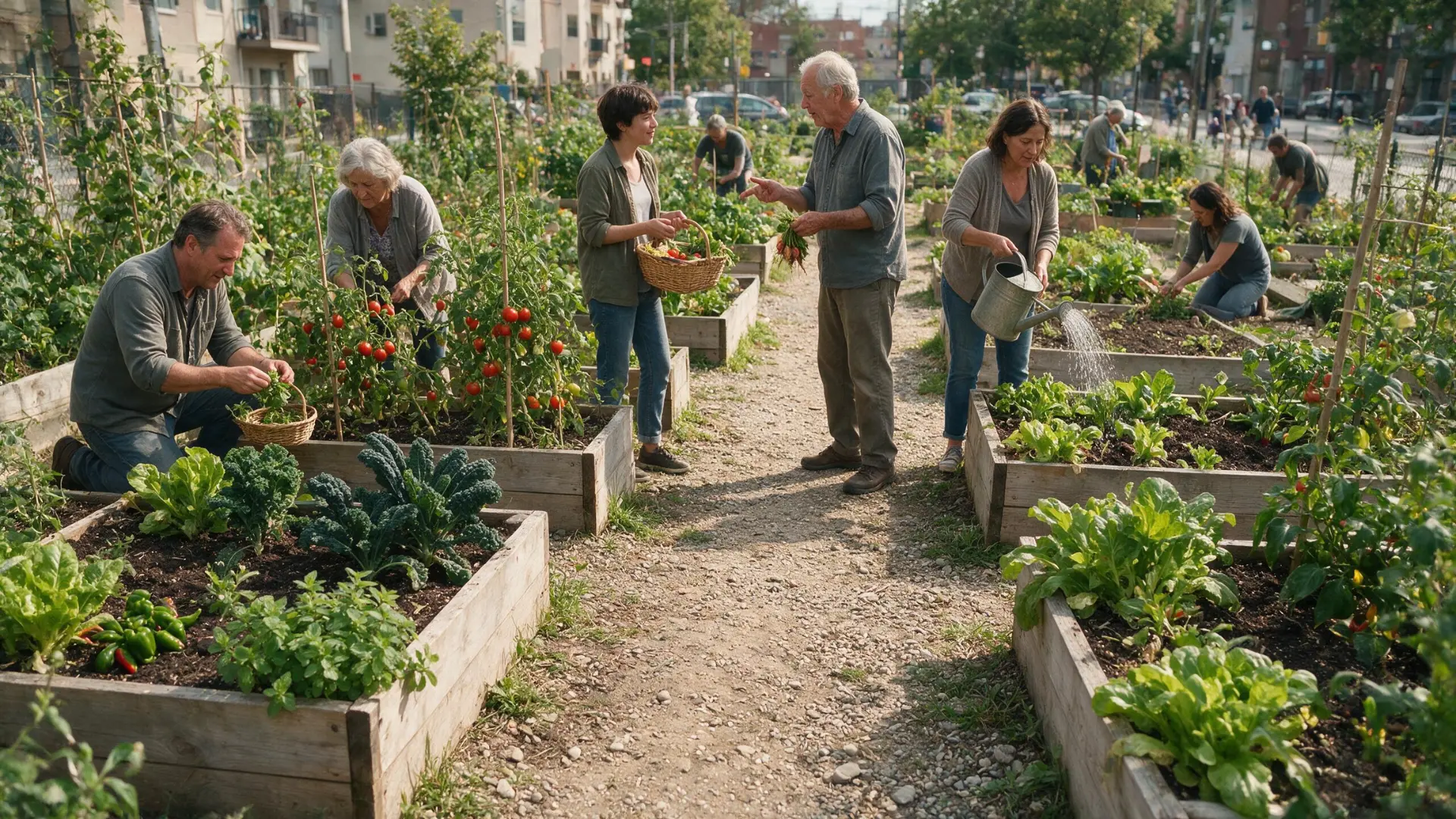 neighbors harvesting watering and talking together among raised vegetable beds in a community garden