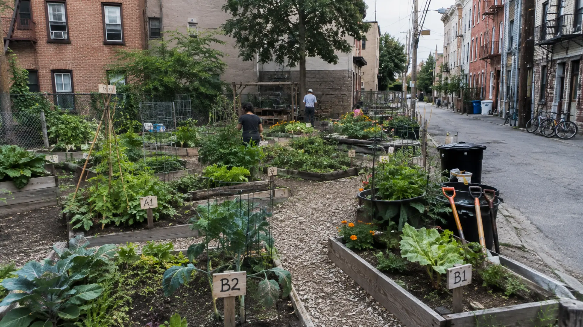 community garden with raised vegetable beds beside brick homes as residents tend shared city plots