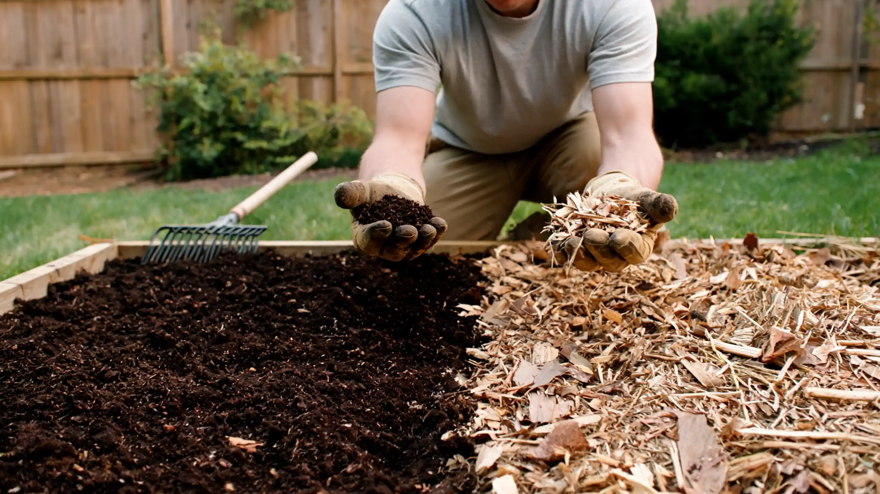 gardener comparing dark finished compost and natural wood chip mulch beside a backyard no till garden bed