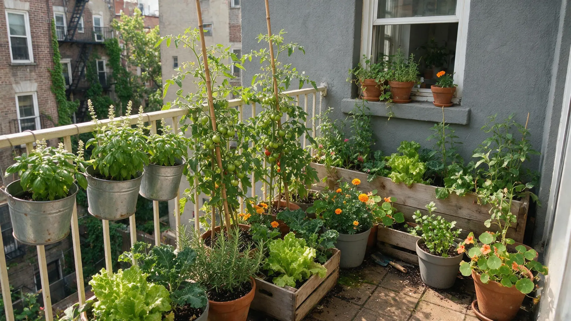 balcony container garden with tomatoes herbs lettuce and flowers growing in pots and wooden planters