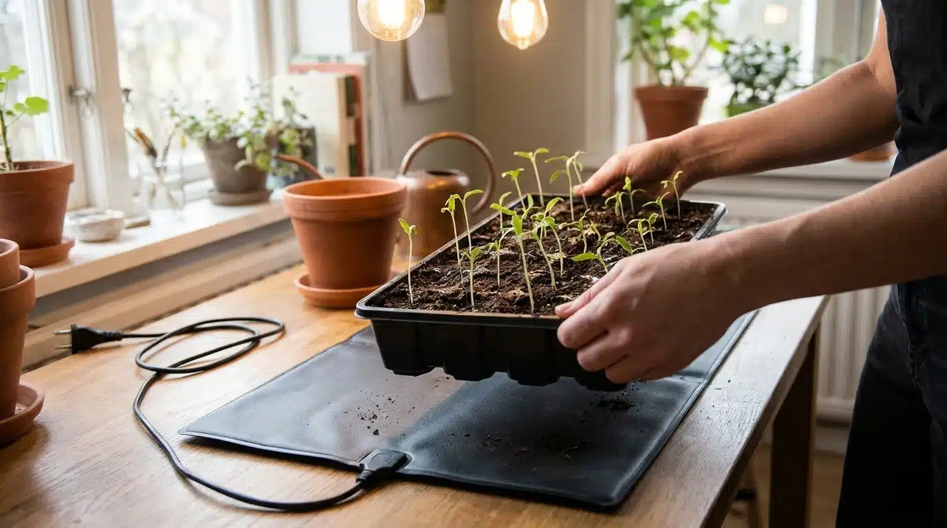 seedling tray being lifted from a heating mat on a wooden table beside a bright indoor window