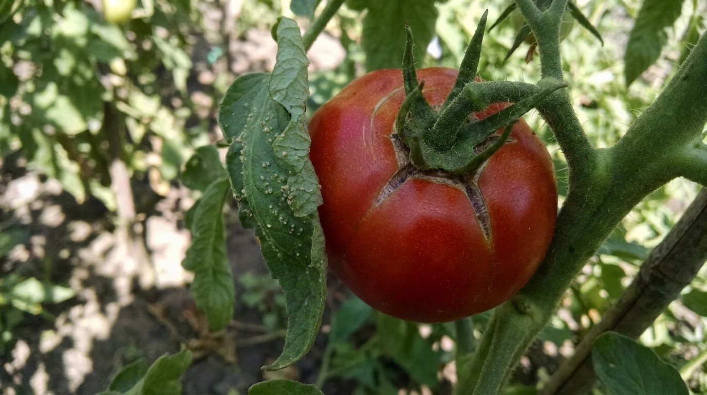 ripe red tomato with a split skin near the stem next to a leaf covered in small raised blisters