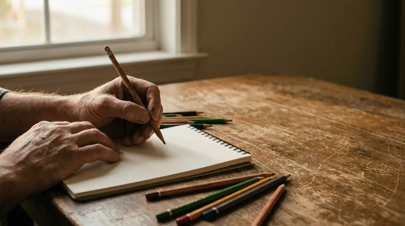 Hands writing in sketchbook on rustic wooden table with colored pencils scattered