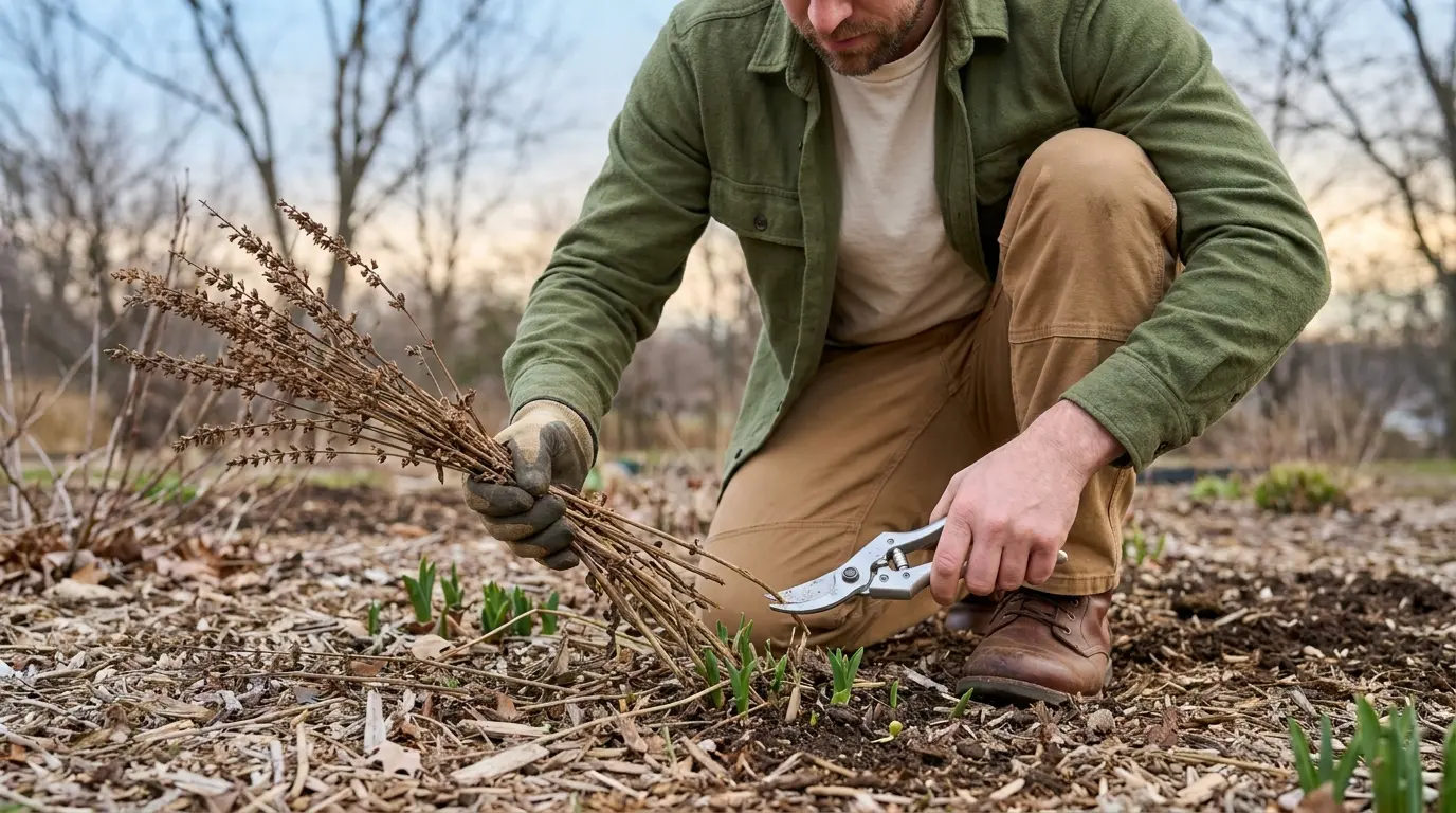 gardener cutting dry salvia stems near fresh spring shoots in a dormant late winter garden bed