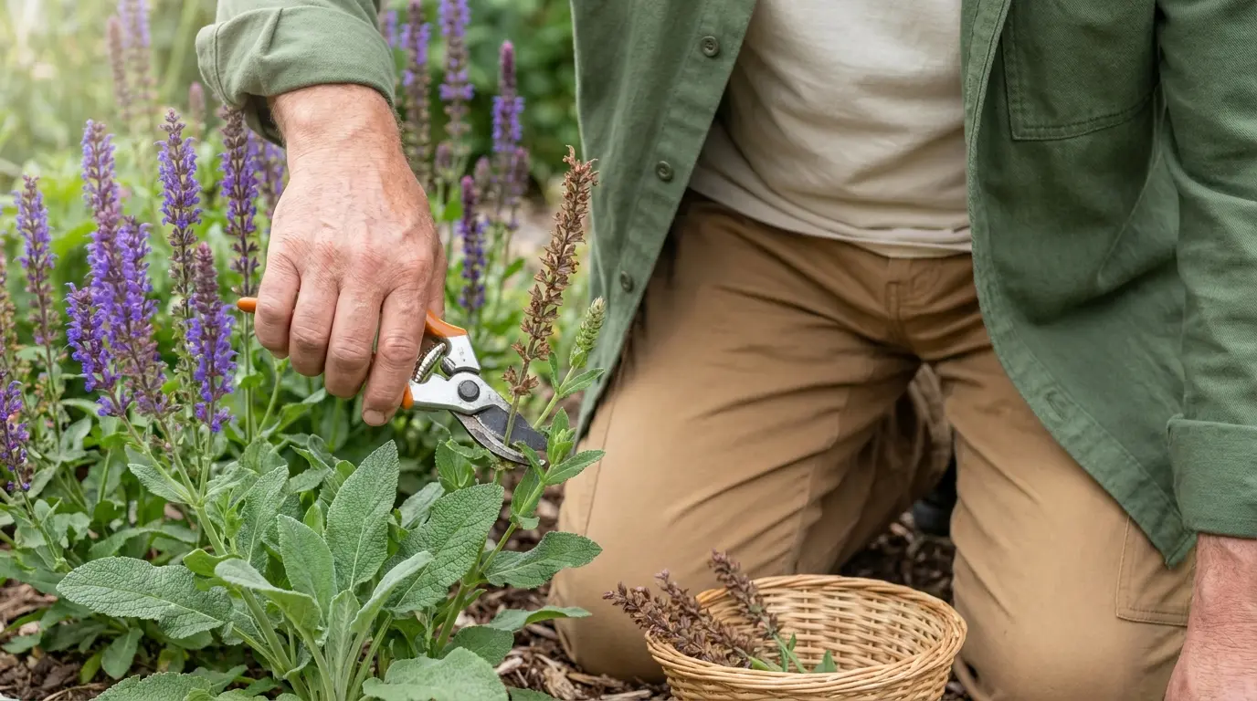 gardener clipping a faded salvia flower spike above green leaves beside a small wicker basket
