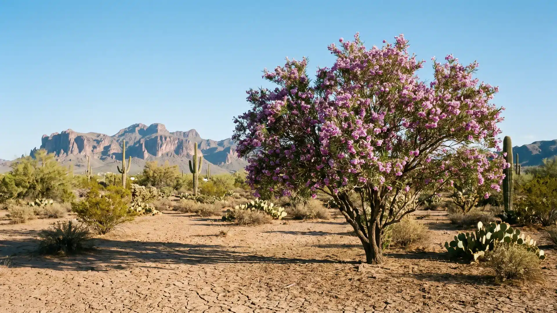 desert willow tree with soft pink trumpet flowers and airy green foliage growing in a sunny arizona yard