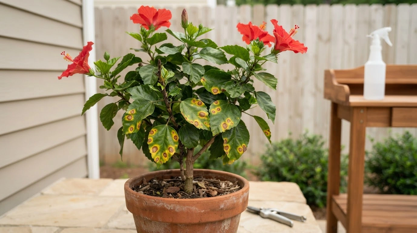 potted hibiscus with yellow spotted leaves beside pruning shears and a spray bottle on a patio
