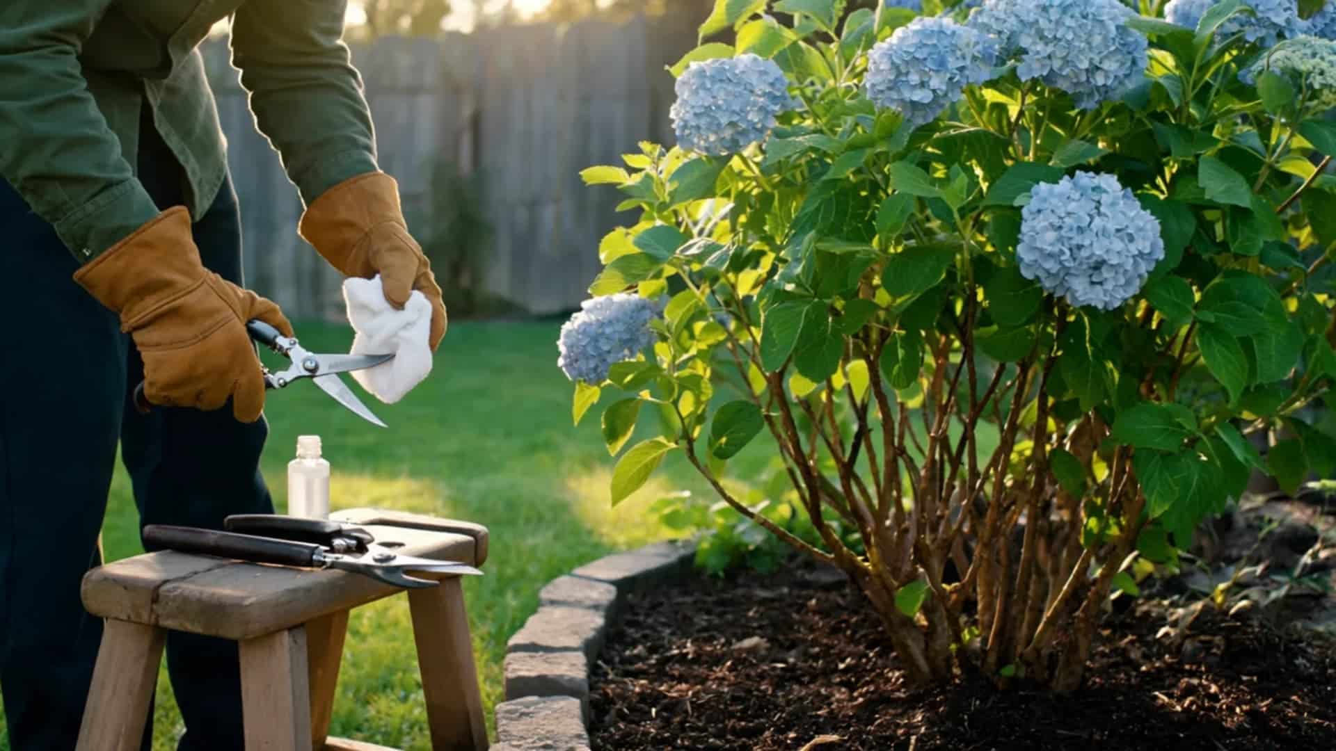 gardener cleaning pruning shears with a white cloth beside a blooming blue hydrangea shrub outdoors