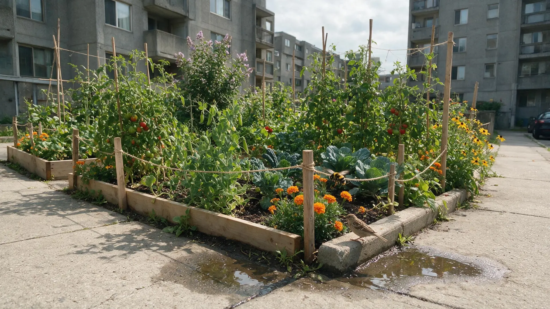 vegetable beds with flowers and pollinators adding green space between dense city apartment buildings