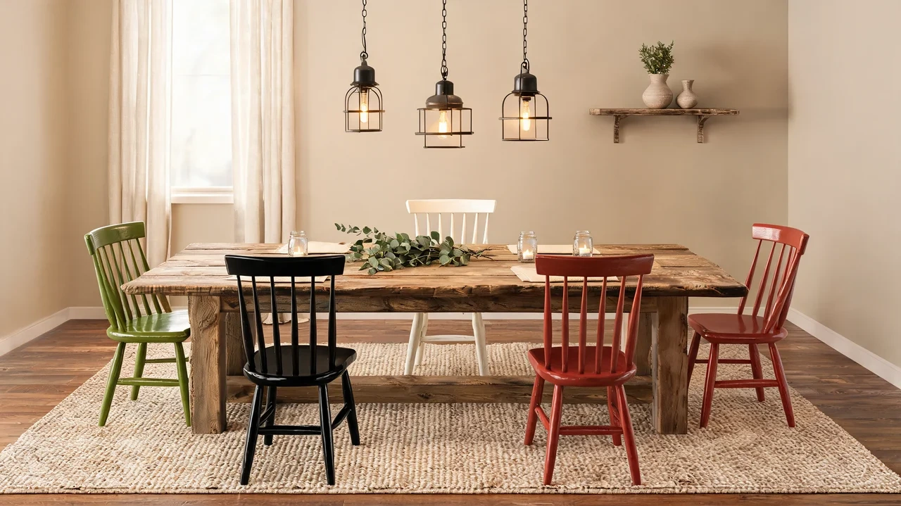 farmhouse table with glossy painted chairs in a rustic eclectic dining room