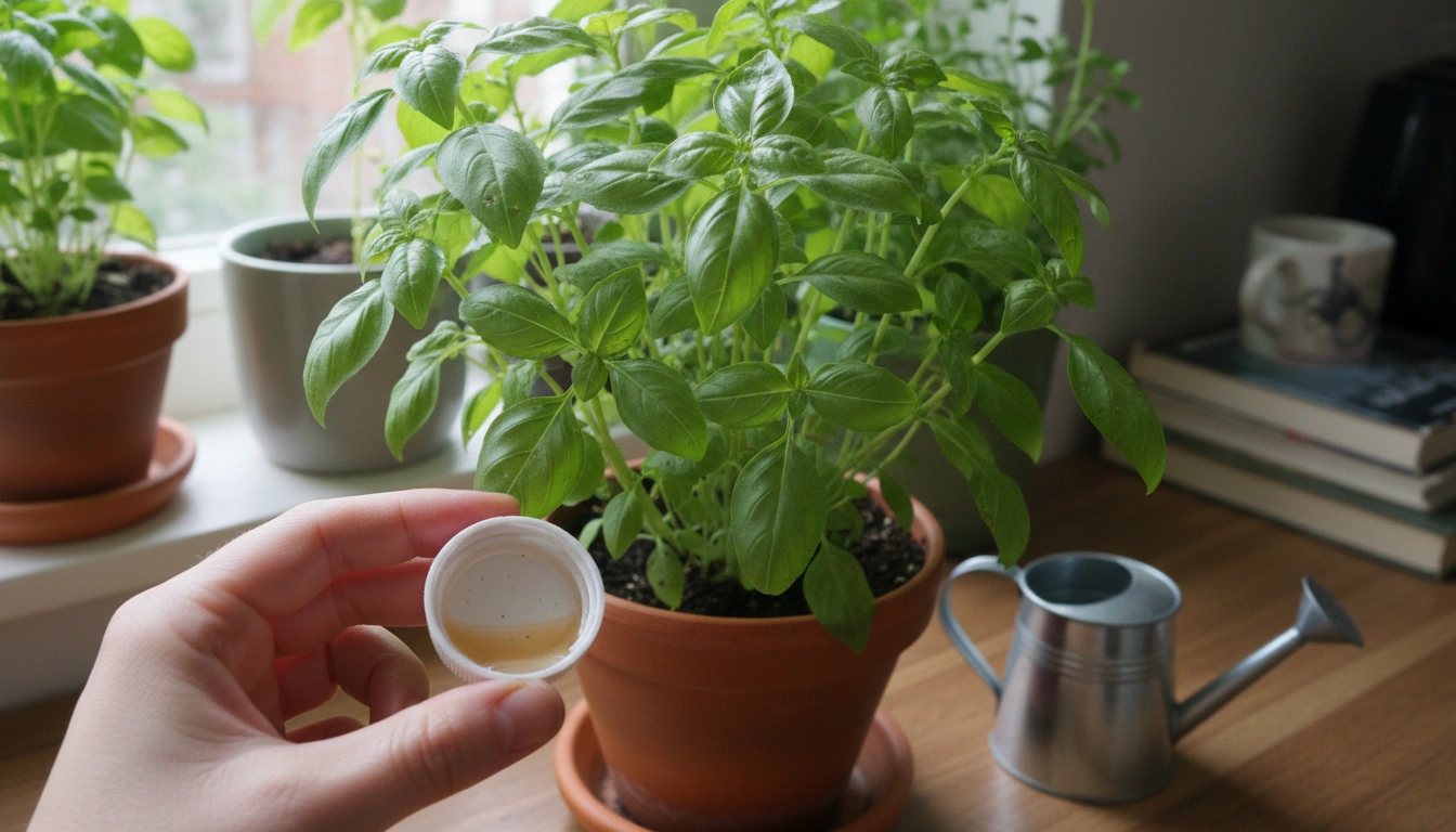 healthy indoor basil plant being lightly fed with diluted liquid fertilizer during active leafy growth