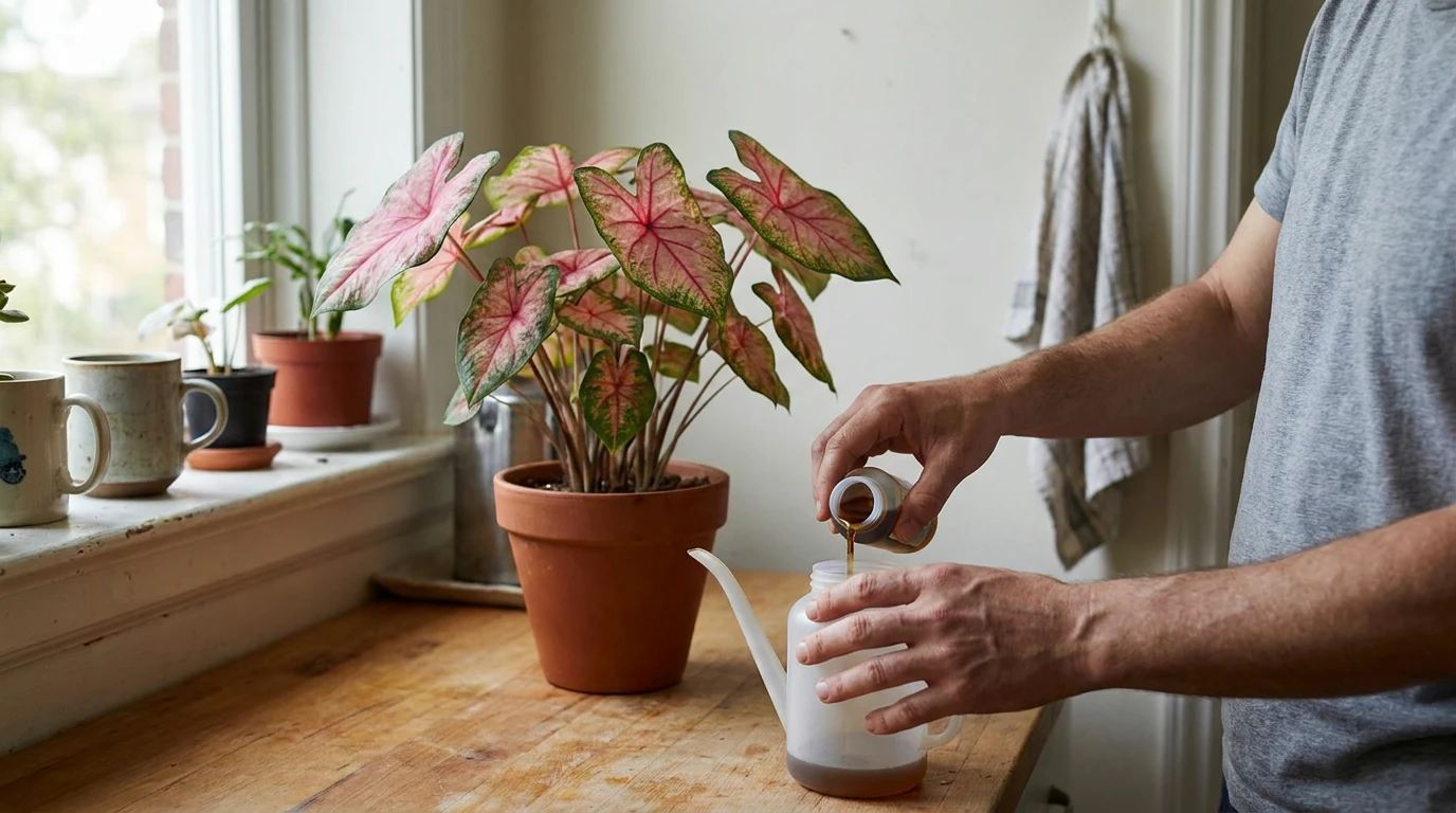 pink and green caladium beside diluted liquid plant food being prepared in a small watering container