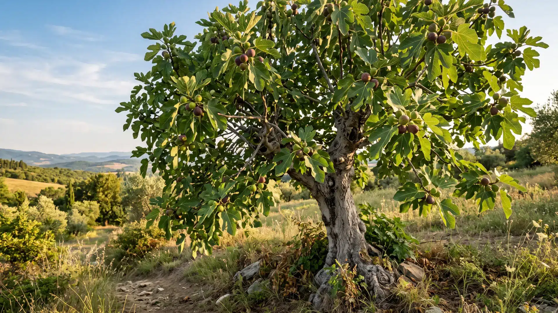fig tree with broad green leaves and ripe figs growing in a warm sunny arizona backyard garden