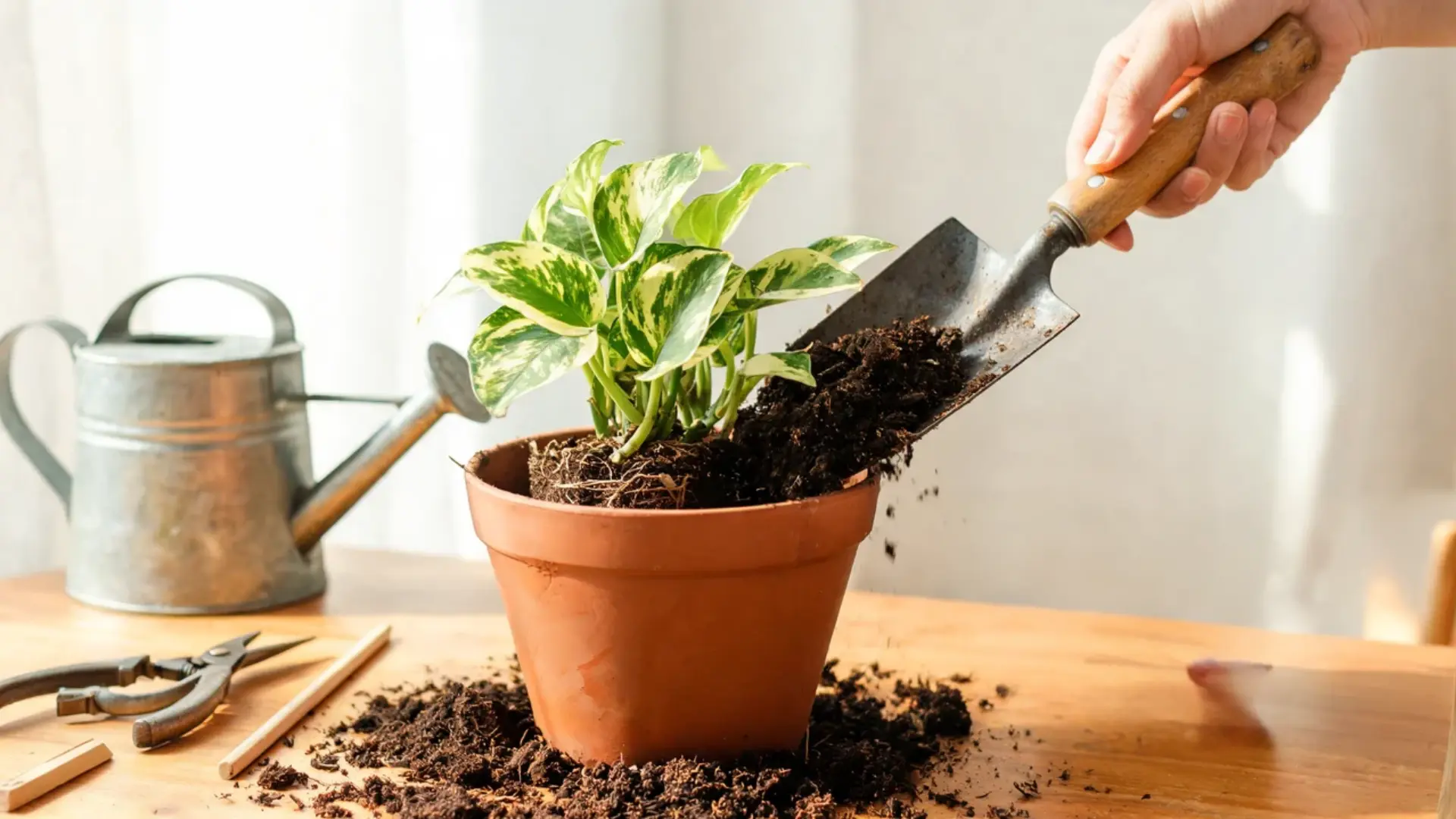 person adding fresh potting soil around pothos roots in a terracotta pot using a metal hand trowel