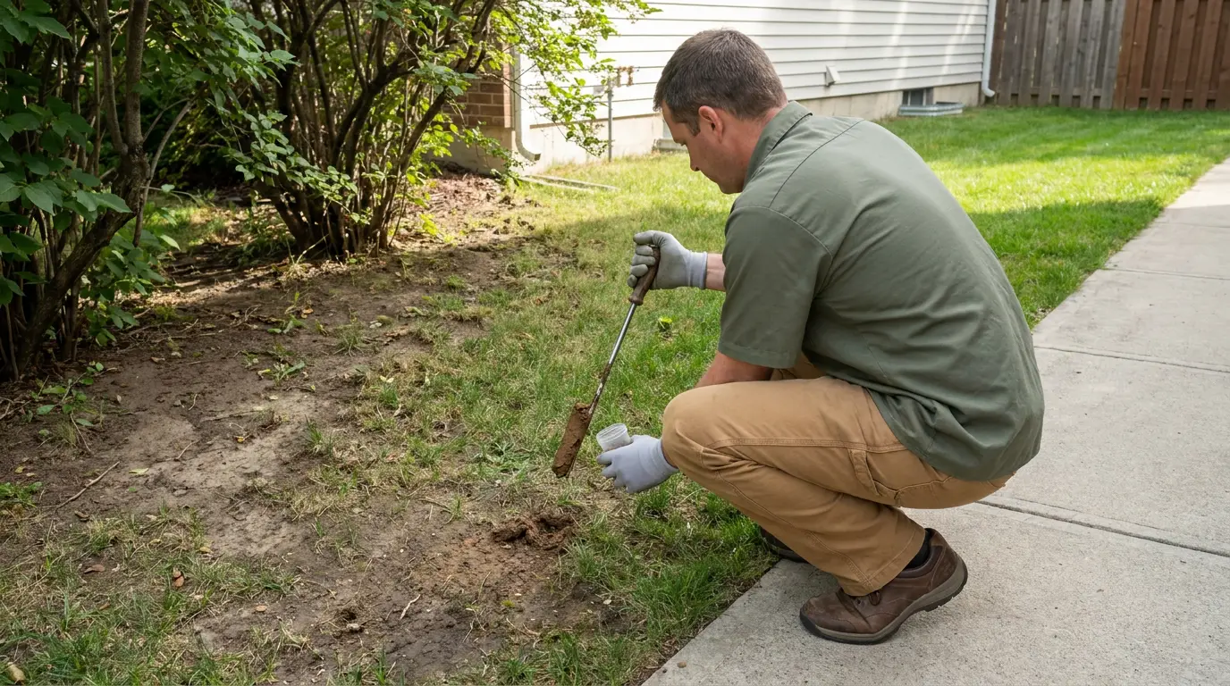 american homeowner testing compacted soil beside a shaded thin lawn near a concrete walkway