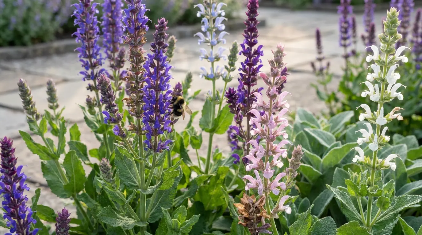 close view of violet blue pale pink and white salvia nemorosa flower spikes with a bumblebee