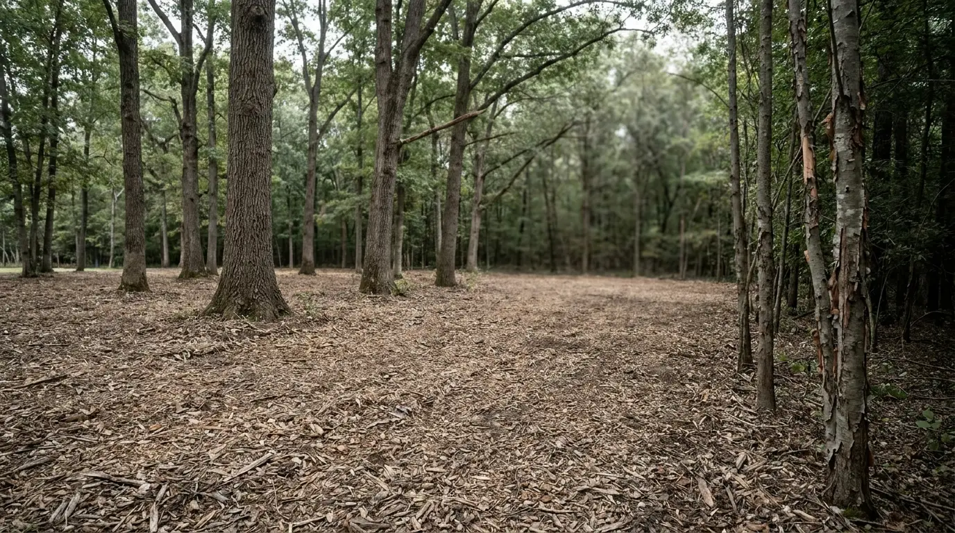 Cleared forest area with large trees and dirt pathways under overcast sky.
