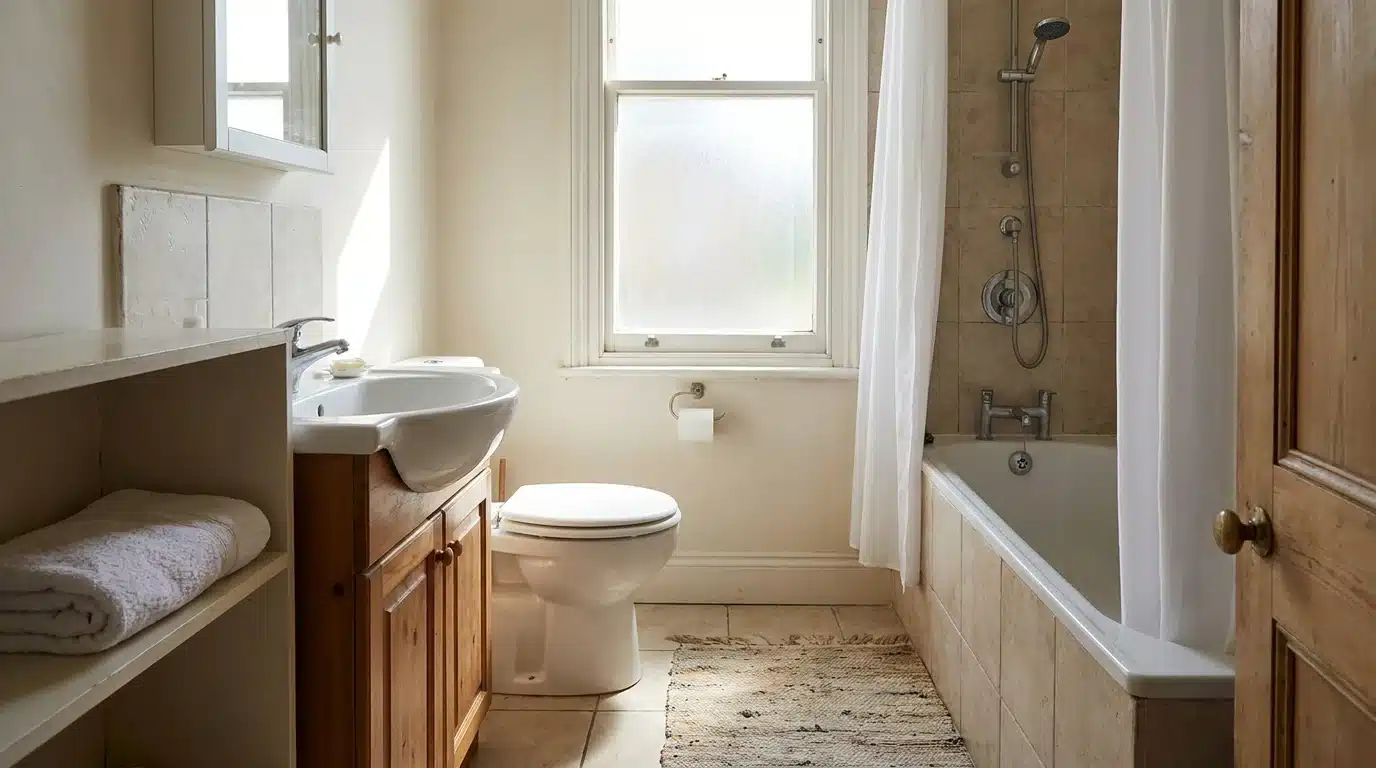 full bathroom with a toilet sink bathtub overhead shower frosted window wood vanity and bath mat