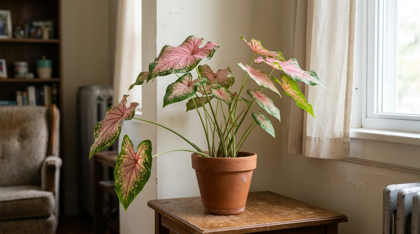pink and green caladium growing beside a bright window with soft filtered daylight across its leaves
