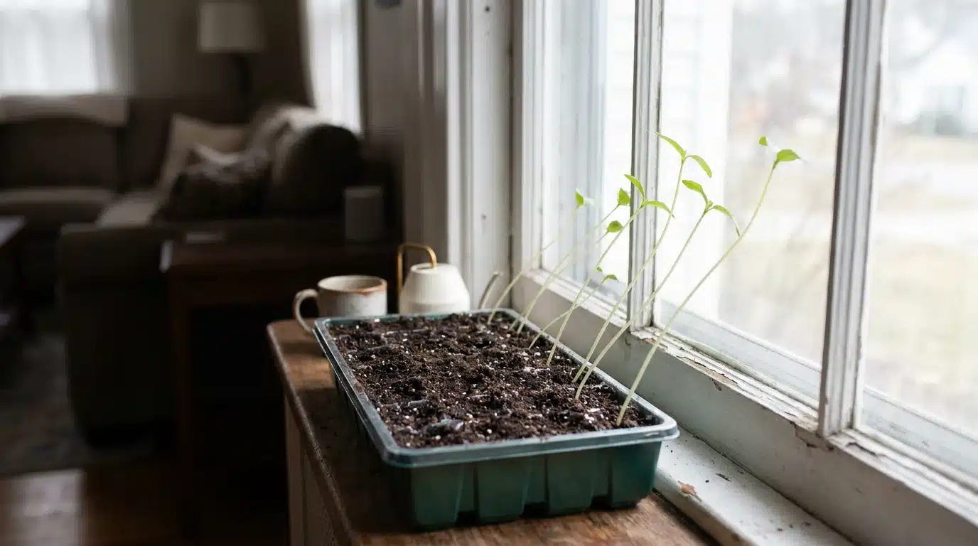 leggy seedlings in small pots leaning toward bright natural light beside a sunny indoor window