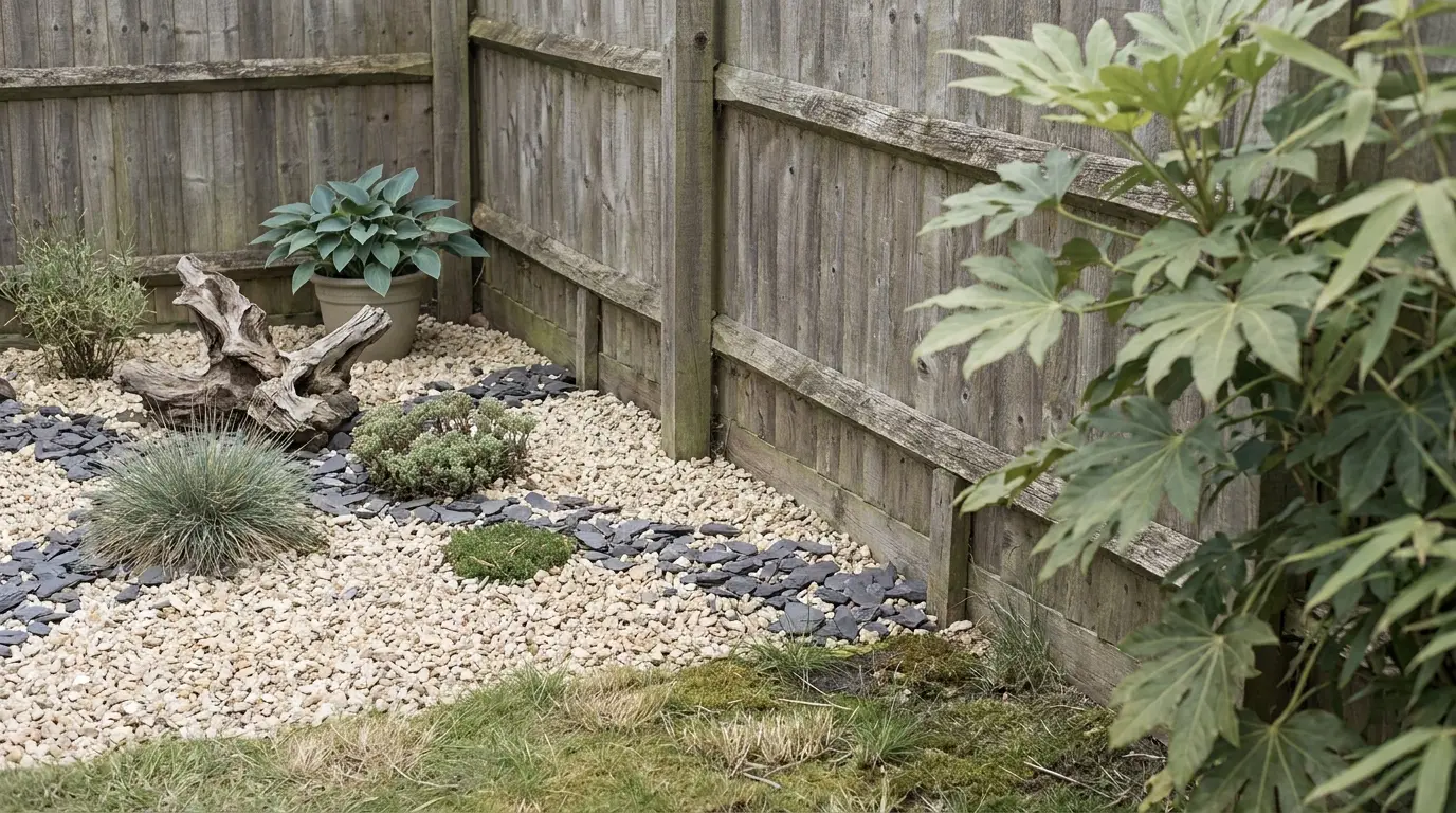 Rock garden with driftwood and green foliage beside wooden fence in backyard setting