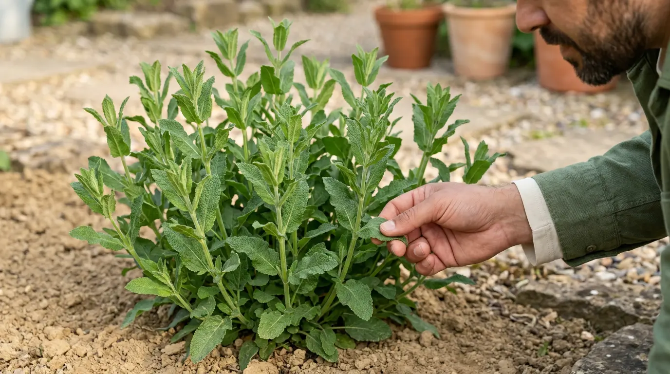 gardener rubbing a textured salvia nemorosa leaf beside dense upright stems rising from the base