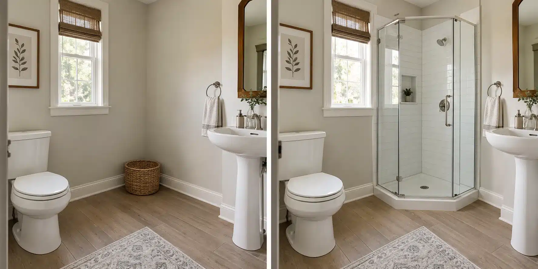 half bathroom before and after adding a glass corner shower to create a three quarter bathroom